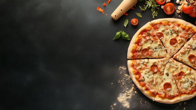 Delicious carbonara pizza with fresh ingredients displayed on a black concrete backdrop Top view shot of a steaming hot pizza with copy space image