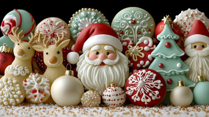 Christmas Cookie Wonderland: A festive tableau of intricately decorated Christmas cookies, featuring Santa, reindeer, trees, and ornaments, creating a captivating visual treat for the holiday season.
