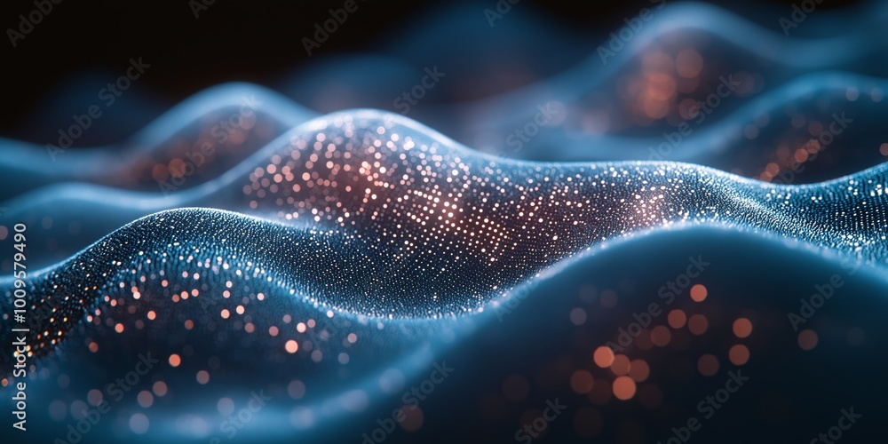 Poster Abstract digital waves shimmer with glowing particles, representing futuristic technology, data flow, and dynamic movement in a virtual cyber environment, Generative AI