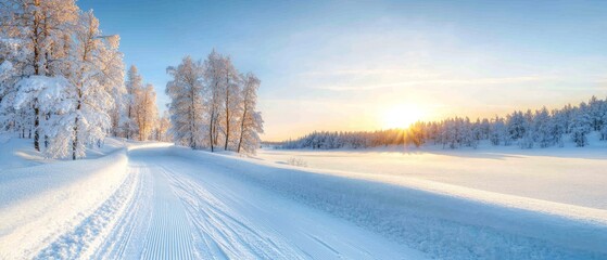 Fototapeta premium A snow-covered road flanked by trees; sun shines through their branches beyond
