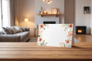 Greeting card mockup decorated with floral patterns, blurred living room in background, cozy home atmosphere. Template for customization. For adding your design or text. Invitation or postcard concept