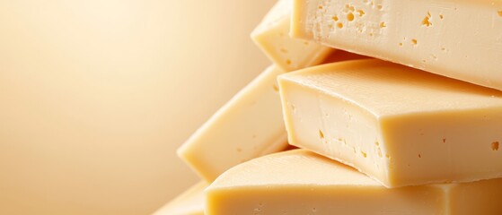  A stack of cheeses aligned on a white countertop, adjacent to a yellow wall