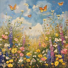 A blooming meadow with wildflowers and butterflies in summer