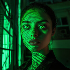 a woman with green eyes standing in front of a building. Let me know if you'd like to make any adjustments!