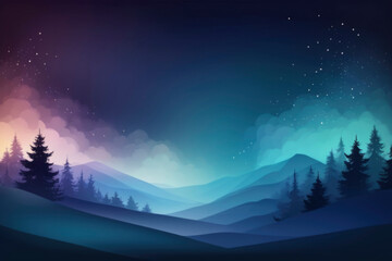 Naklejka premium Abstract night winter background with snowdrifts, fir trees and mountains. Frosty, snowy atmosphere. For Christmas and New Year design, seasonal backdrop, holiday greeting card, winter-themed projects