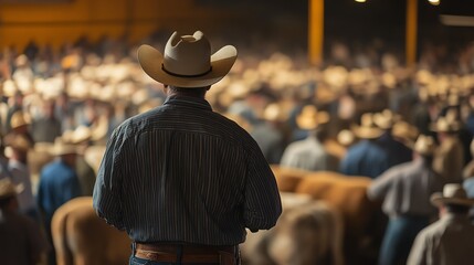 A cowboy in a hat stands in a crowded livestock auction, observing the bustling events and activities in the arena.