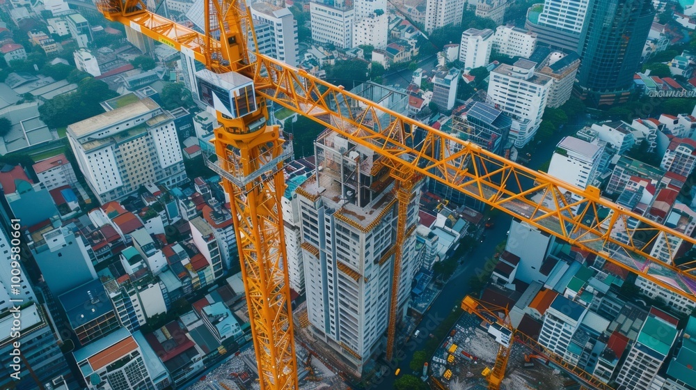 Poster a crane is seen in the middle of a city, with a large building in the background