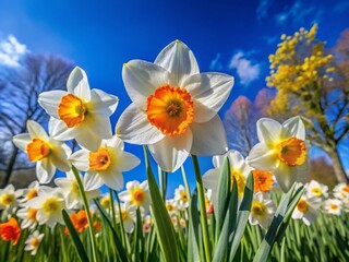 Fototapeta premium Vibrant Narcissus Flowers Blooming in Springtime Garden with Green Leaves and Clear Blue Sky
