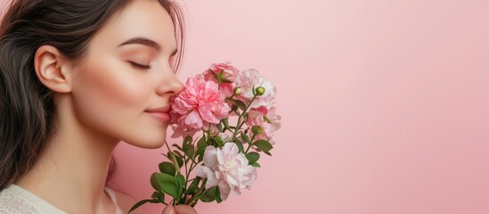 Naklejka premium Woman smelling pink flowers, serene expression, soft background