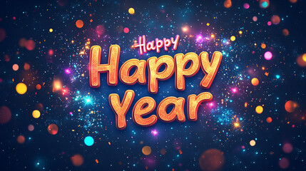 A flat lay banner for "Happy New Year" with a bold, colorful, cartoonish design.