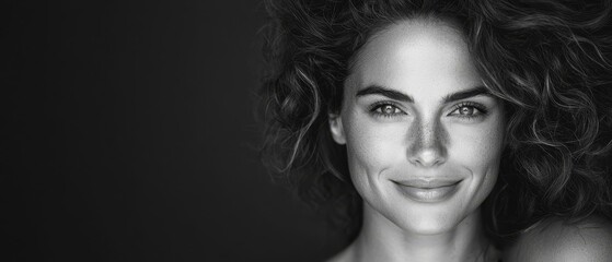 Fototapeta premium A monochrome image of a woman smiling, with wind-tossed hair