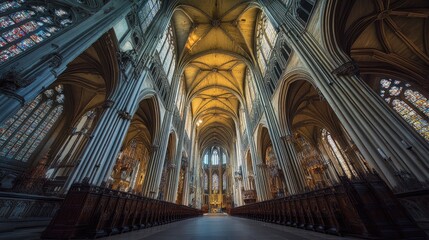 Fototapeta premium Interior of a gothic cathedral with vaulted ceilings and stained glass windows
