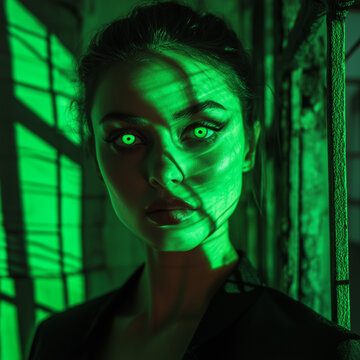a woman with green eyes standing in front of a building. Let me know if you'd like to make any adjustments!