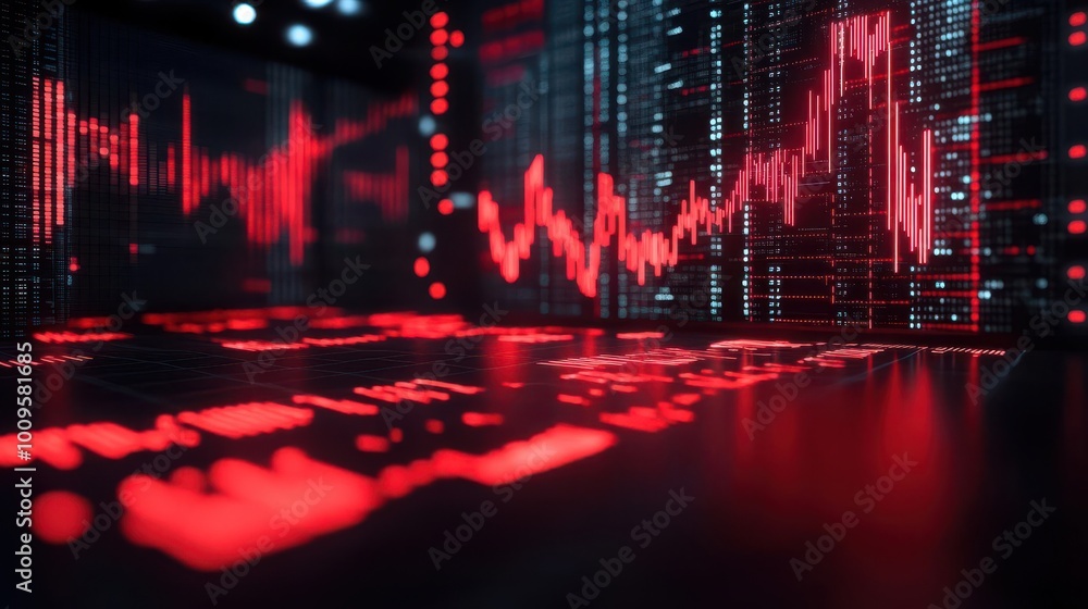 Poster close-up of a digital trading graph displaying red data fluctuations, representing market analysis a