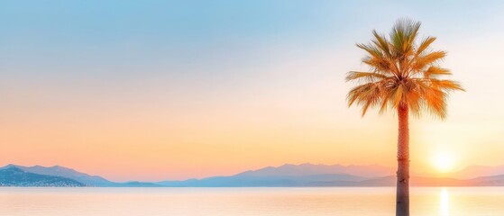  A palm tree in the foreground by a large body of water Mountains in the distance