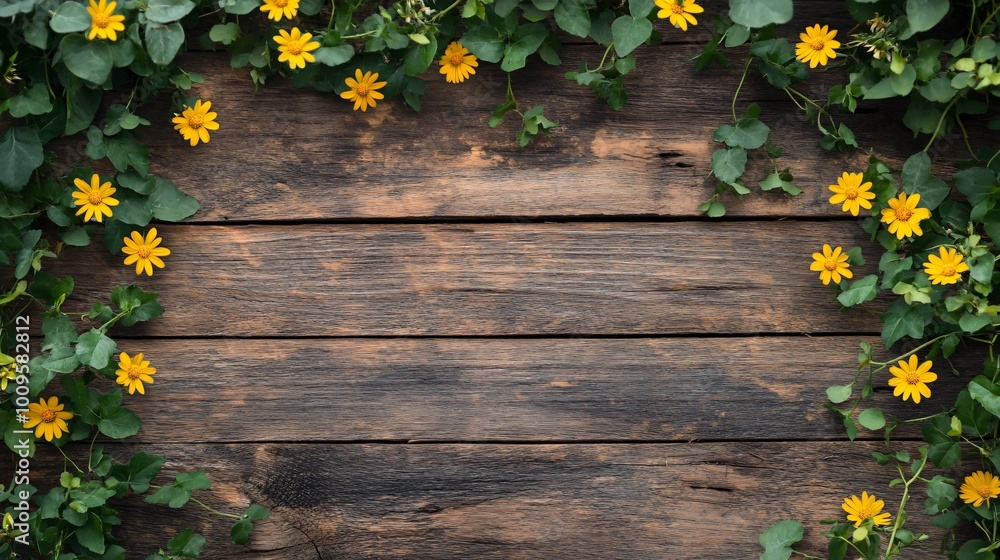 Sticker Yellow Flowers Frame on Rustic Wooden Background.