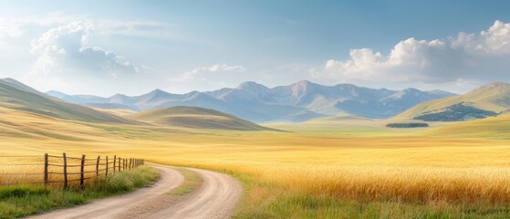 Fototapeta premium A dirt road runs through a sprawling field, framed by a fence in the foreground Beyond lies a range of mountains