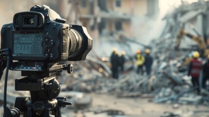 A camera captures the aftermath of a disaster, with blurry figures of first responders working in the background.
