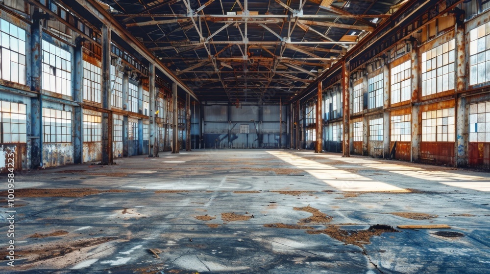 Poster a large, empty warehouse with a lot of windows