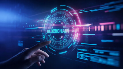 Blockchain technology,, blockchain symbol on a virtual screen, Decentralization, Cryptocurrency, Peer-to-peer (P2P) network