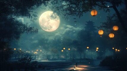 Enchanting Moonlit Night: Serene Landscape with Glowing Lanterns