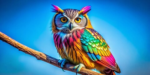 Naklejka premium Vibrant Owl with Colorful Feathers Perched on a Branch Against a Bright Blue Sky Background