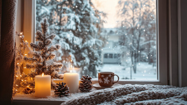 Cozy winter scene by a window with candles, snow-covered pine tree, cup of hot drink, and snowflakes gently falling outside - Powered by Adobe