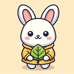 Obraz premium Cute Rabbit Wearing Raincoat And Holding Leaf Cartoon Vector Icon Illustration