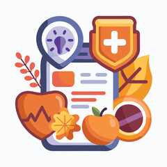 Health and Wellness Vector Illustration Featuring Medical Clipboard, Shield with Cross, Stethoscope, Leaves, Apple, Heart with Pulse Line, and Pills