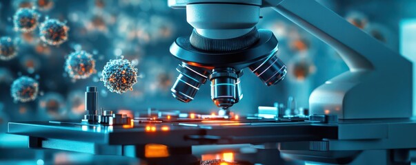 Close-up of a microscope analyzing cells, highlighting scientific research and exploration in a laboratory environment.