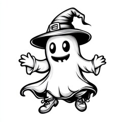 A cute ghost with a witch hat, playful style, minimalistic line art, black and white, isolated on white background