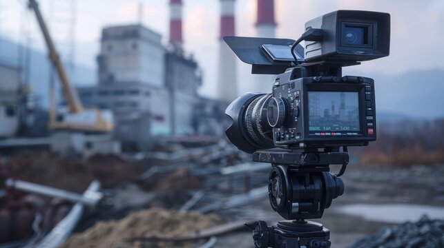 A professional video camera is set up on a tripod, capturing the scene of a construction site.