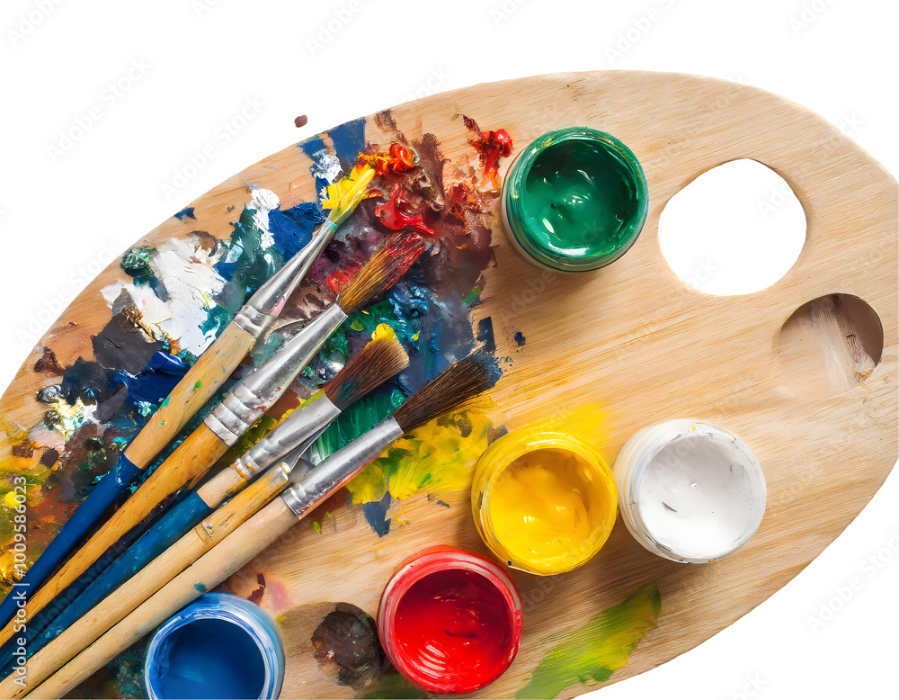 Poster wooden art palette with blobs of paint and a brushes splash on a white isolated background. generati