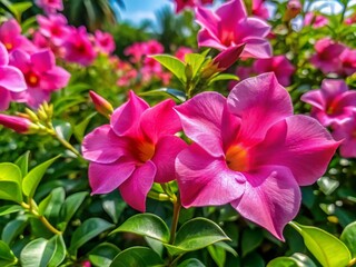 Vibrant Pink Mandivilla Flowers Blooming in Lush Green Foliage Under Bright Sunny Sky in Garden