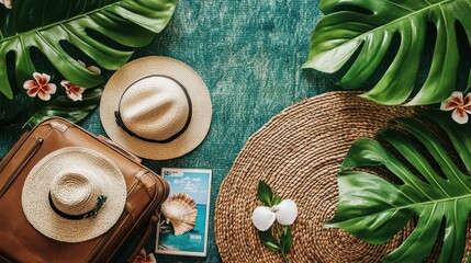 A travel-themed flat lay featuring hats, a suitcase, and tropical leaves.