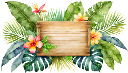wooden blank board with tropical leaves and flowers illustration. Watercolor painting signbord. Generative AI.