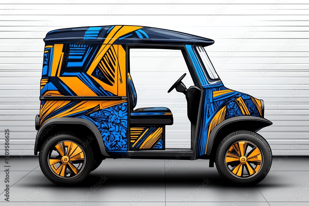 Poster simple line art of a tuk tuk, with bold, minimalist colors representing the vehicleâ€™s vibrant patt