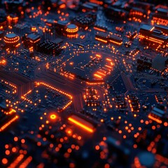 Obraz premium Futuristic Electronic Board for Quantum Computing and AI in Cityscape Design