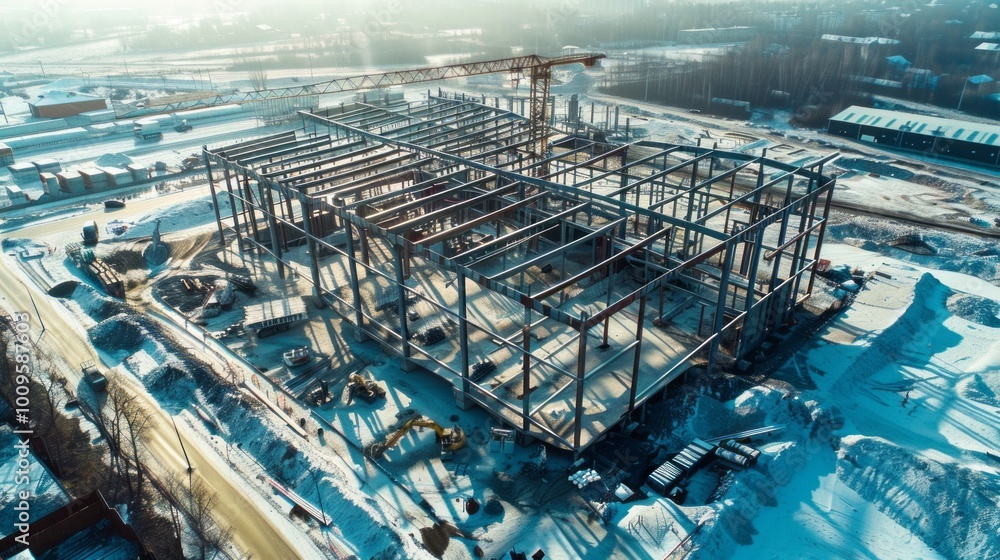 Poster a construction site with a large building in the middle