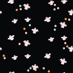 Ghost seamless vector pattern. Halloween texture on black background with confetti dots. Cute small doodles hand drawn festive illustration.