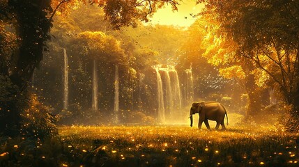   An elephant stands majestically in a verdant forest under the bright midday sun, framed by a serene waterfall