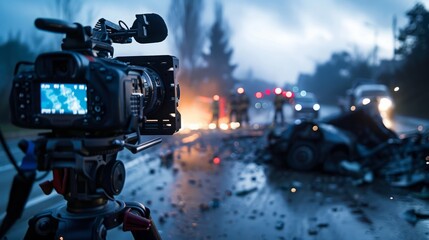 Fototapeta premium A camera captures the aftermath of a car accident, with emergency personnel in the background.