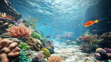 Naklejka premium Photorealistic expansive coral reef viewed from underwater with vibrant marine life