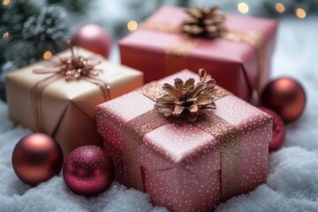 brightly wrapped christmas gift boxes in various sizes arranged playfully on a snowy white background with shimmering ribbons and ornaments exuding festivity and joy