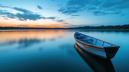 Obraz premium Serene lake at sunset with wooden boat