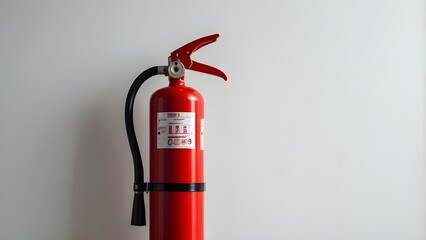 A red fire extinguisher hanging on a white wall.