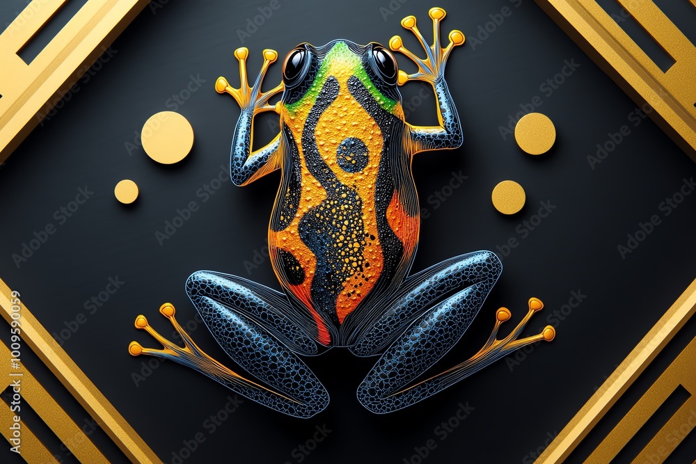 Poster simple line art of a tropical frog, with bold colors representing the vibrant patterns on its body, 