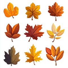 Fototapeta premium A collection of fallen autumn leaves, whimsical cartoon style, various warm colors, isolated on white background