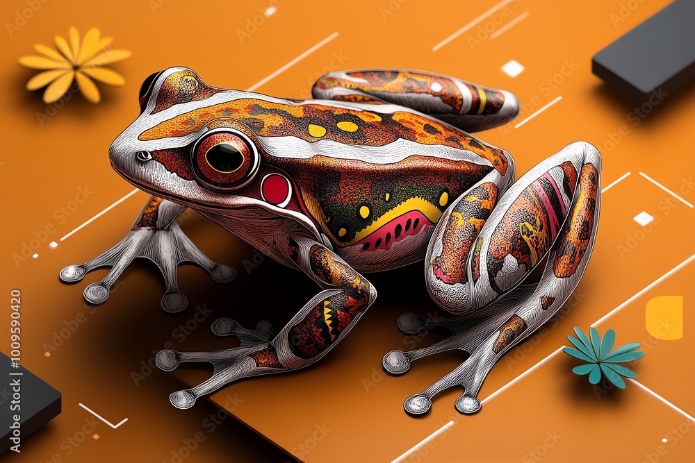 Poster simple line art of a tropical frog, with bold colors representing the vibrant patterns on its body, 
