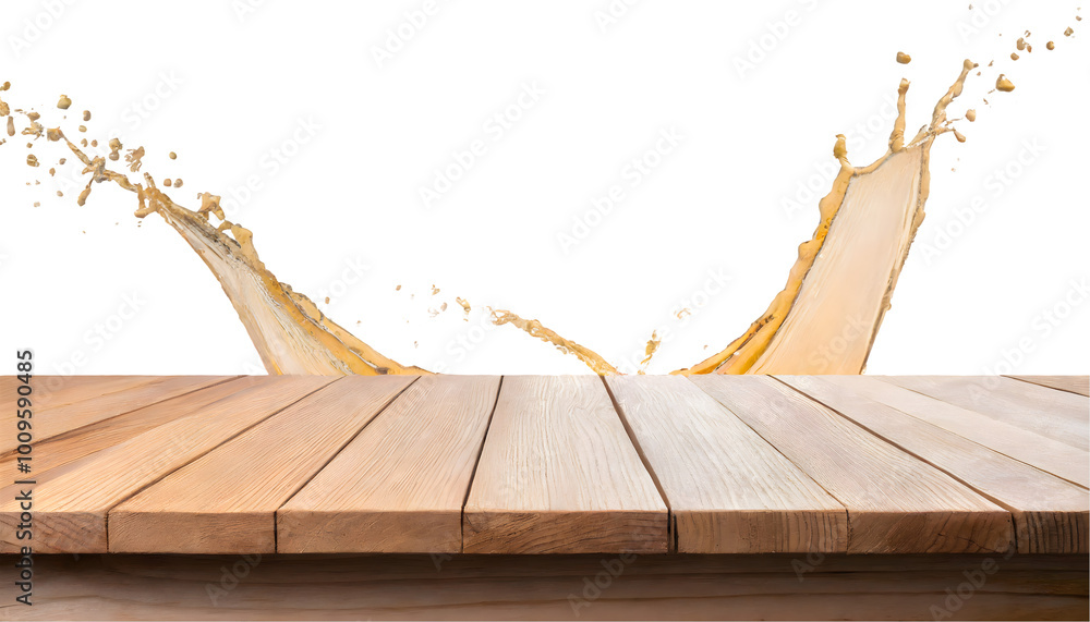 Poster wooden table top for product display mockup splashes on a white isolated background. generative ai.